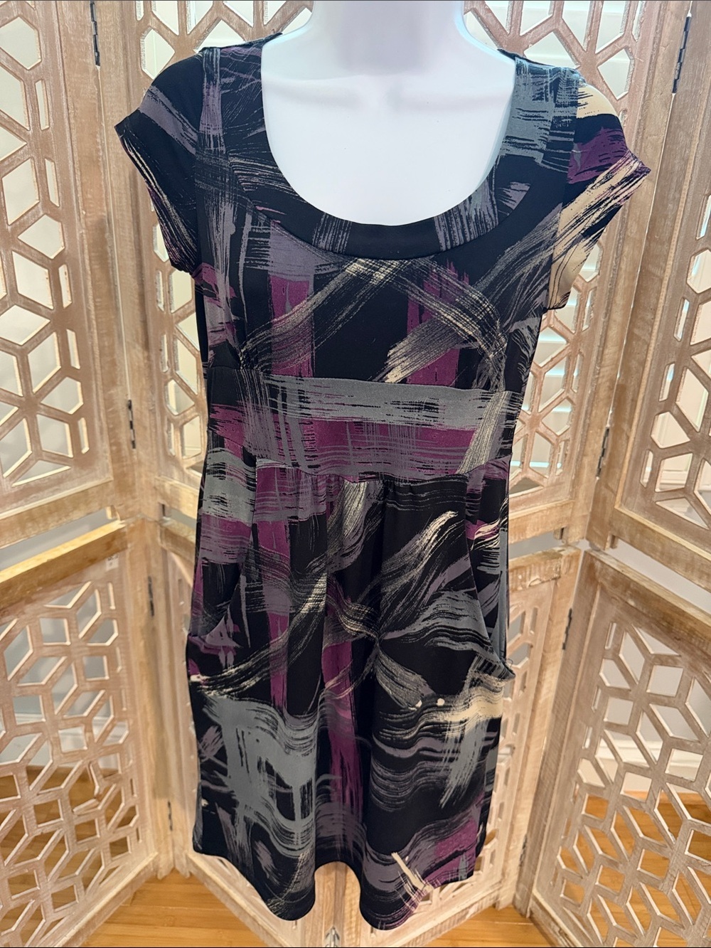 Glam Black & Purple Brushstroke Cap-Sleeve Women's Dress Size Small